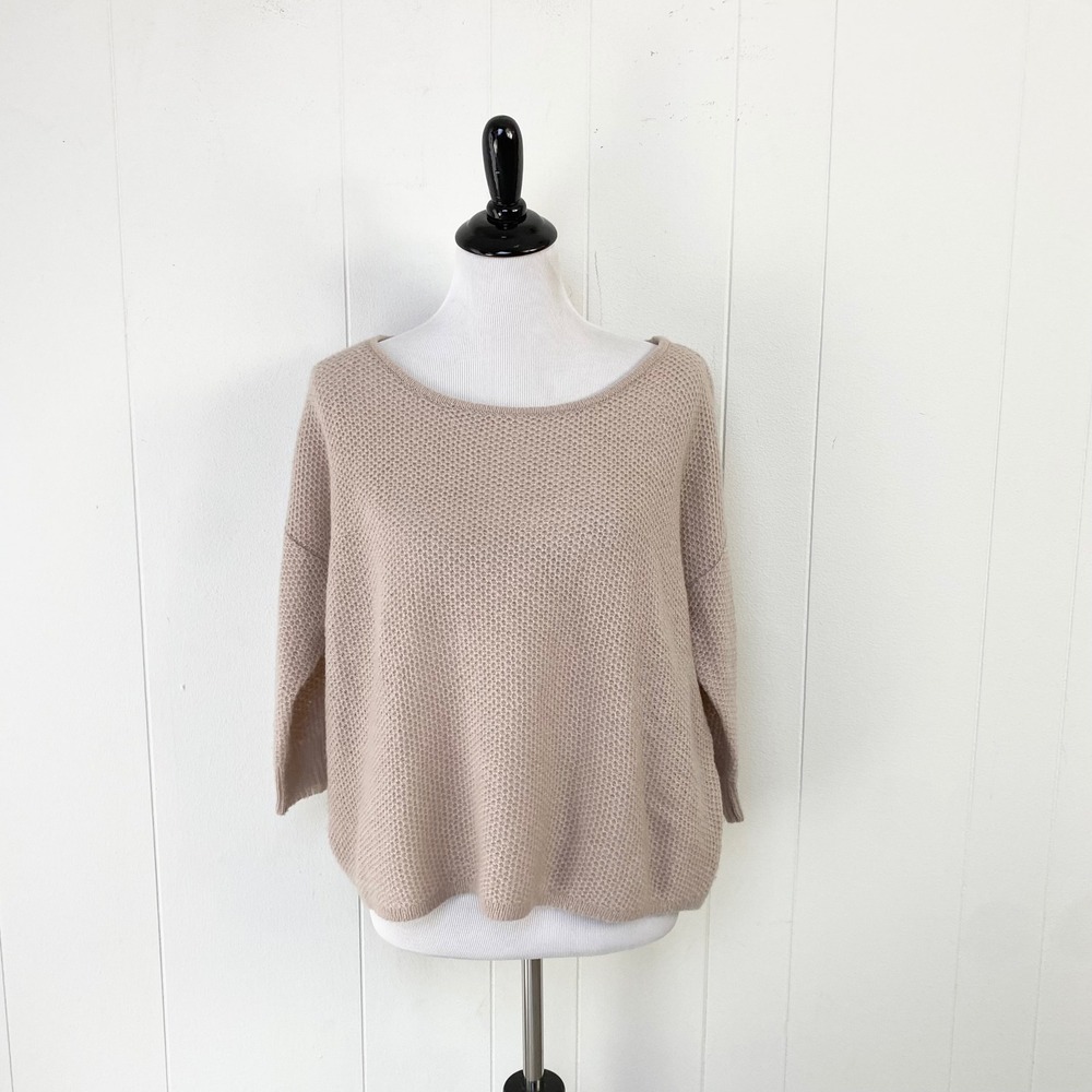 Ann Taylor Wool Blend Open Knit Scoop Neck Sweater Tan Large 3/4 Sleeve Crop